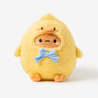 Yellow plush toy with a blue bow tie on a white background