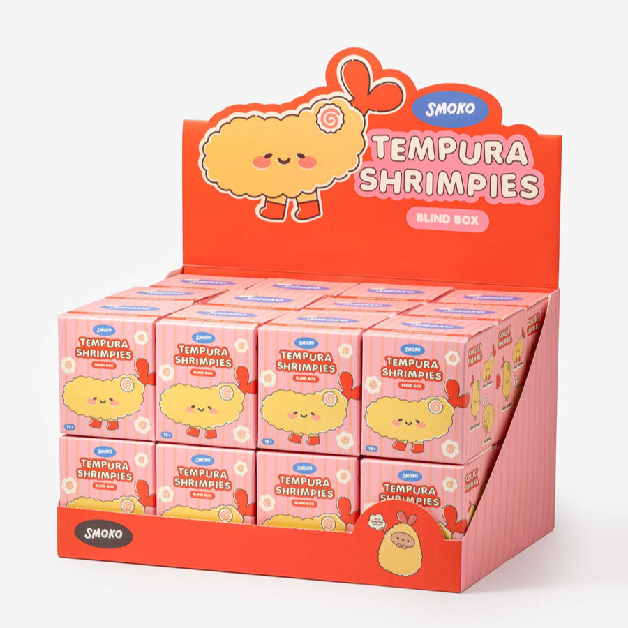 Display box of Tempura Shrimpies with a cartoon character on an orange background