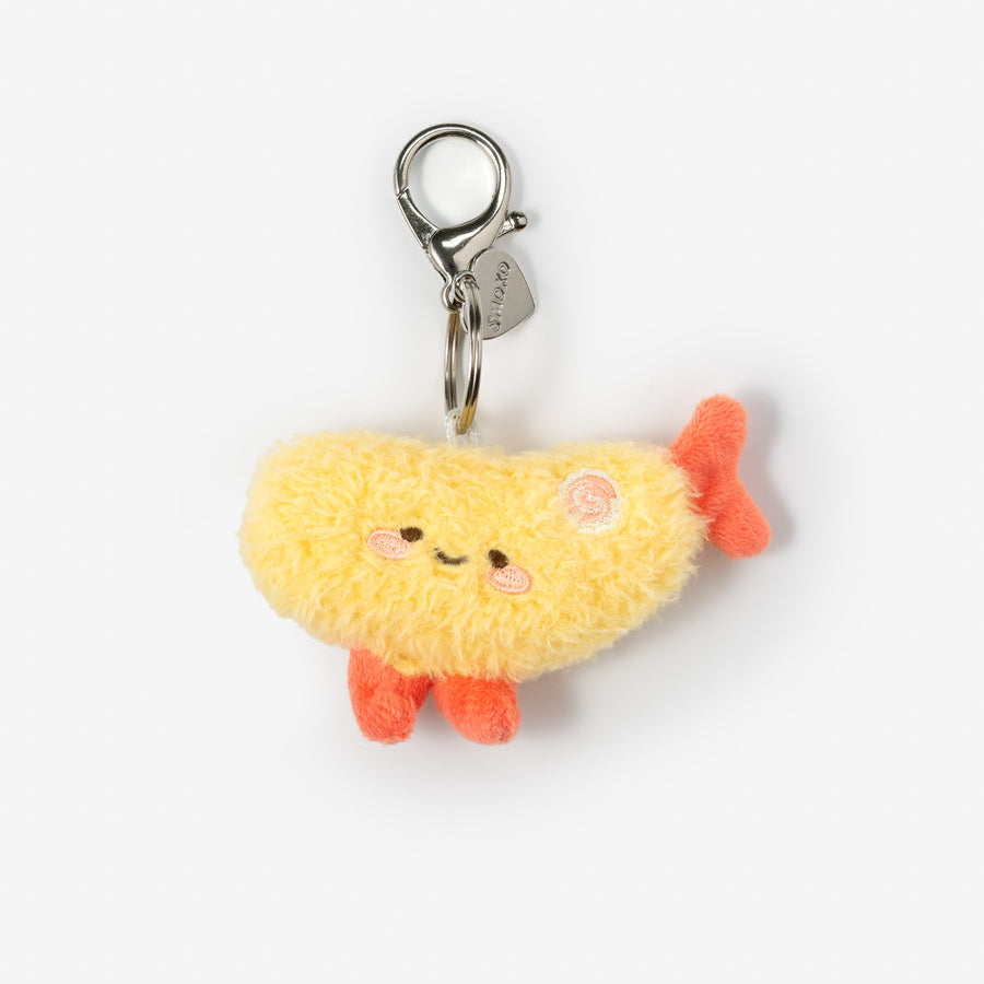 Plush Shrimp keychain with a smiling face on a white background