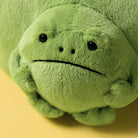 Green plush toy frog on a yellow background