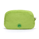 Green plush pouch with a logo on a white background