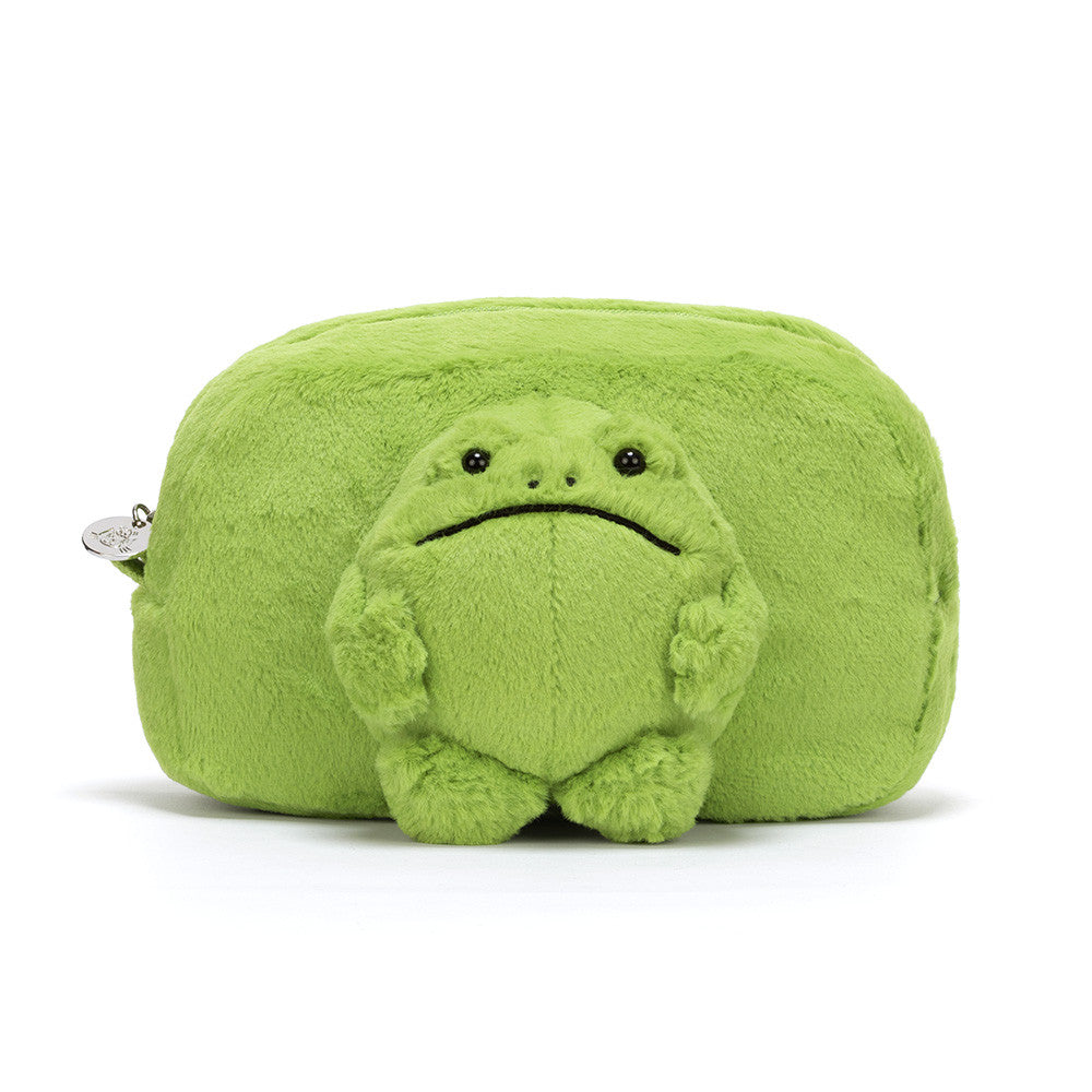 Green plush frog toy on a white background