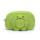 Green plush frog toy on a white background