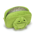 Green plush frog-shaped pouch on a white background