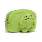 Green plush frog-shaped pouch on a white background