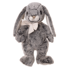 Gray plush bunny with a white bow tie on a white background