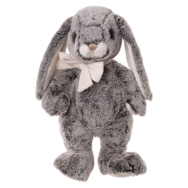 Gray plush bunny with a white bow tie on a white background