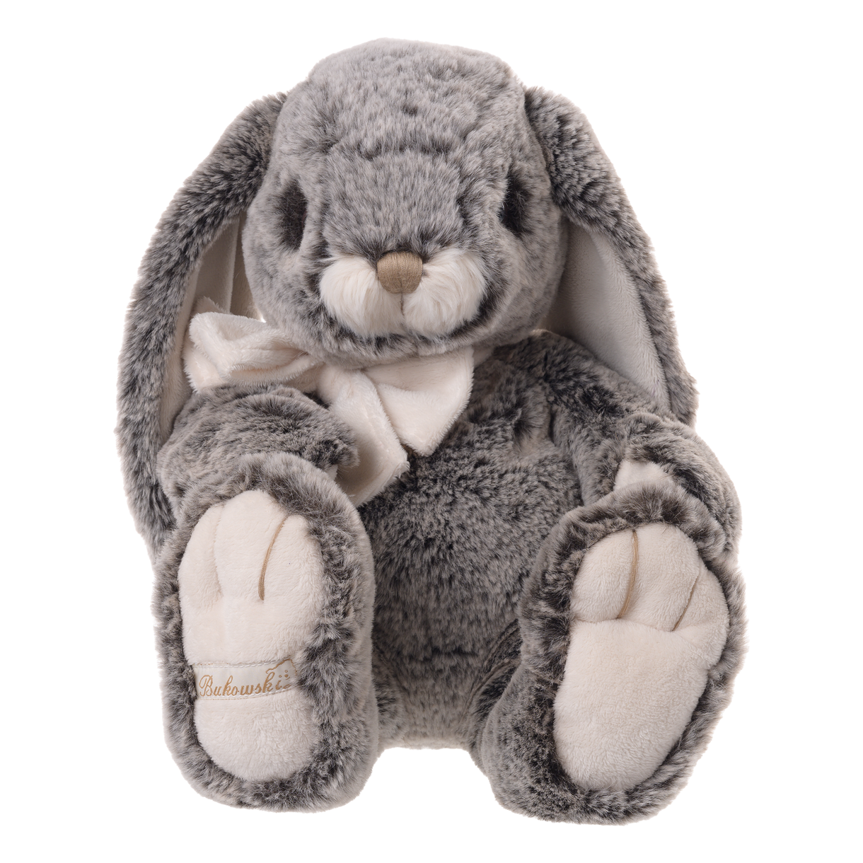 Gray plush bunny with a white bow tie on a white background
