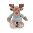 Stuffed brown moose wearing a blue sweater.