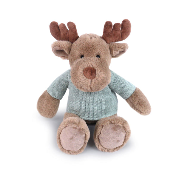 Stuffed brown moose wearing a blue sweater.