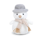 Stuffed snowman toy with gray hat and beige scarf.
