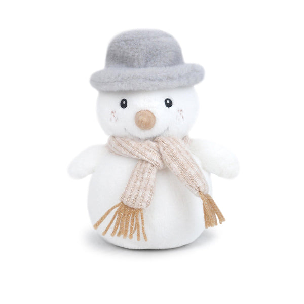Stuffed snowman toy with gray hat and beige scarf.
