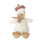 Stuffed white duck with brown beret and floral scarf.
