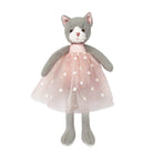 Gray cat plush toy in pink polka dot dress.
