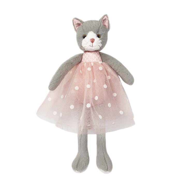 Gray cat plush toy in pink polka dot dress.
