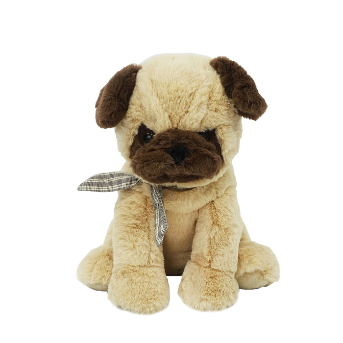 Stuffed pug dog with plaid bow.