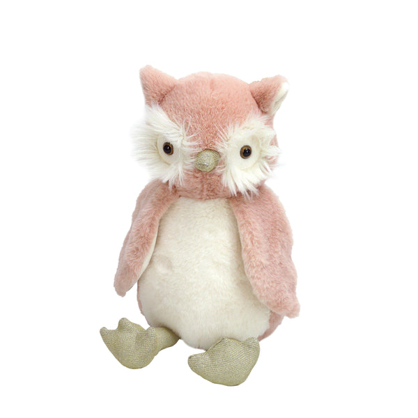 Pink plush owl toy with gold feet and beak.
