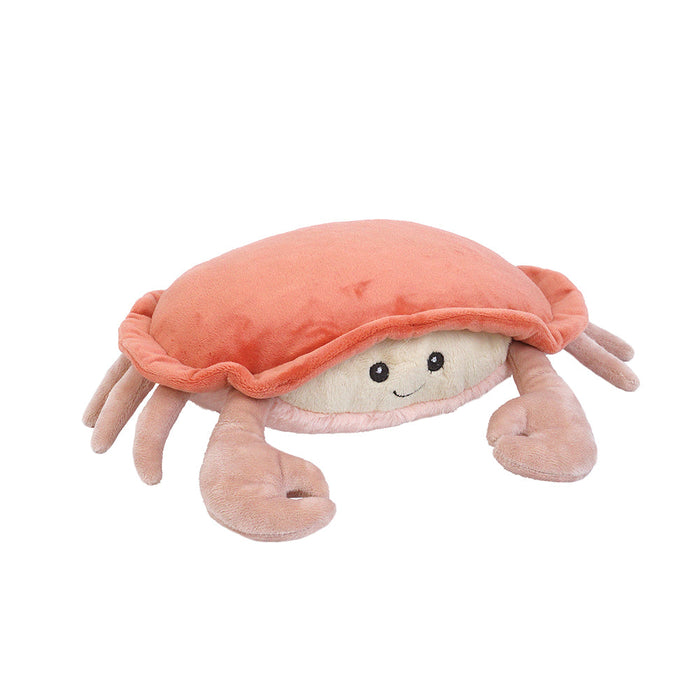 Stuffed pink crab toy with a smiling face.
