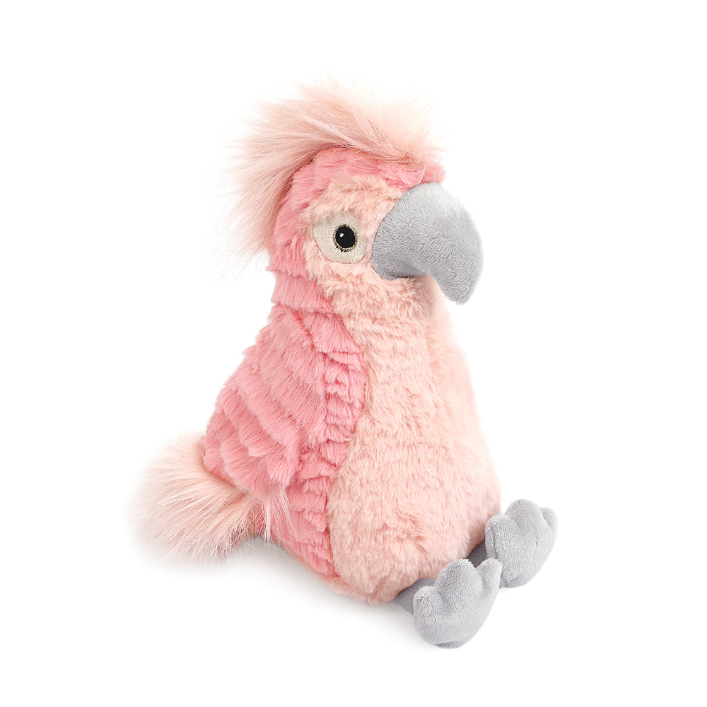 Pink plush cockatoo toy with gray beak and feet.