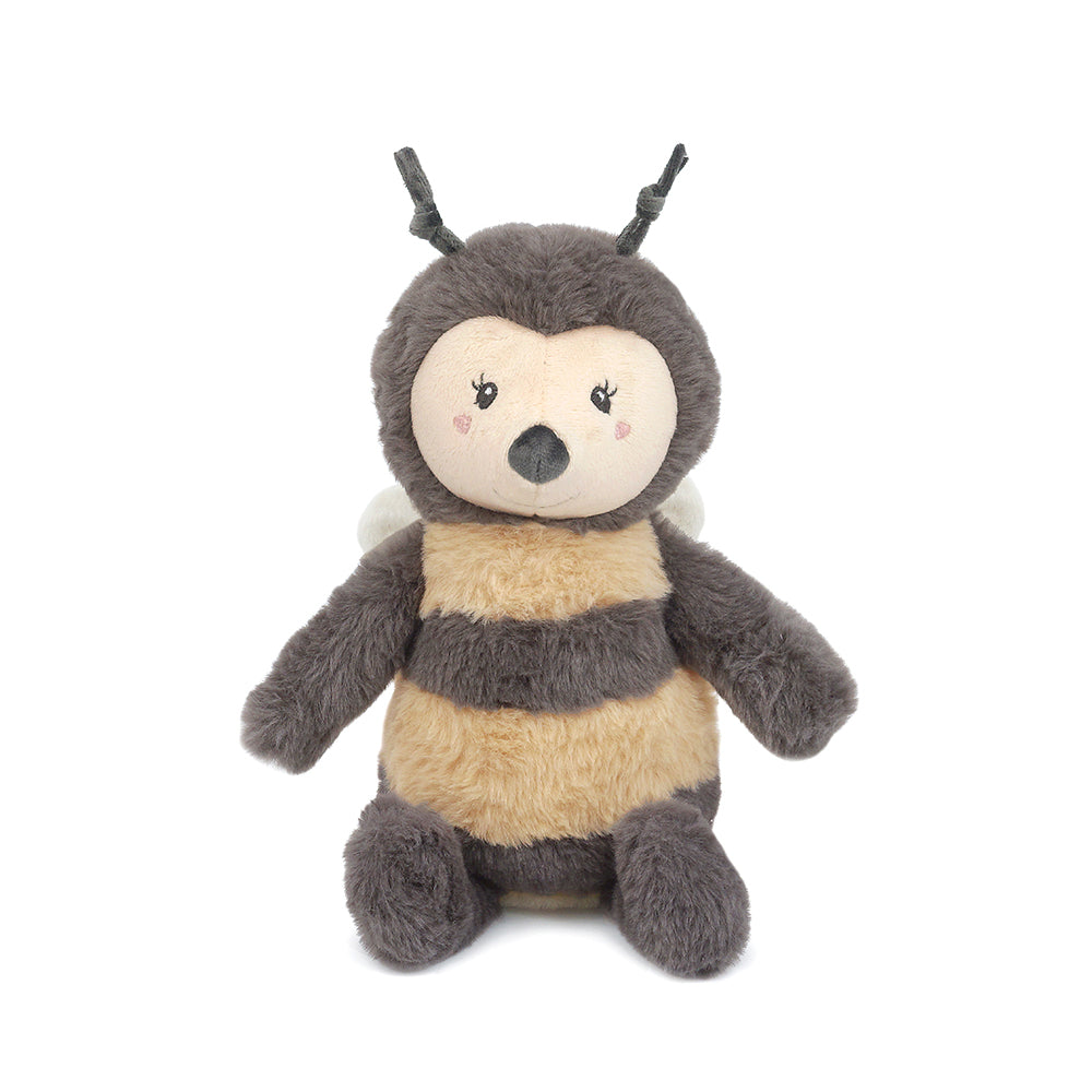 Stuffed bee toy with fuzzy gray and tan stripes.
