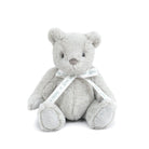 Gray teddy bear with a white ribbon on a white background