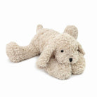 Beige plush dog toy, lying down.
