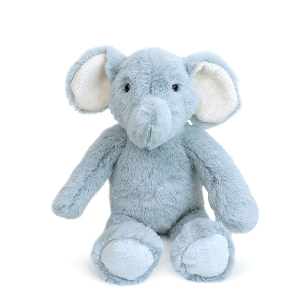 Light blue plush elephant toy sitting.