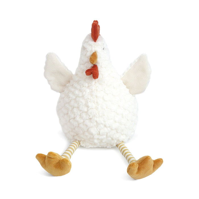 White plush chicken toy with a red comb on a white background