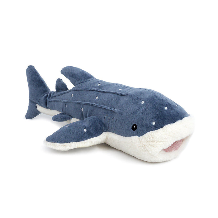 Stuffed blue whale shark with white spots and a fluffy white belly and mouth.