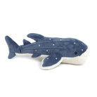 Stuffed whale shark plush toy. Blue and white with small fins. 
