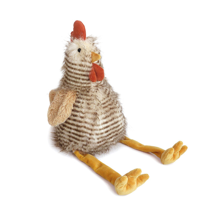 Stuffed hen with striped feathers and yellow legs.