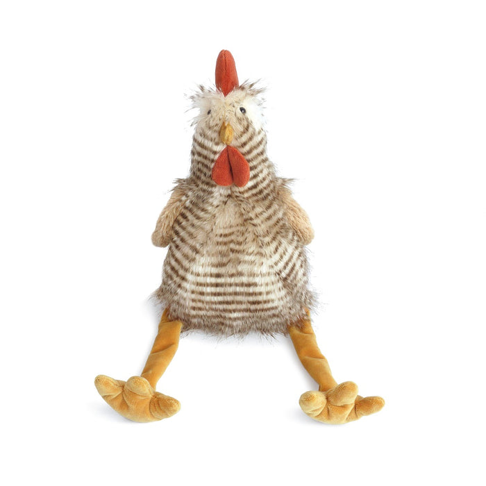 Stuffed toy chicken, brown striped body, red comb and wattle, yellow legs and feet.
