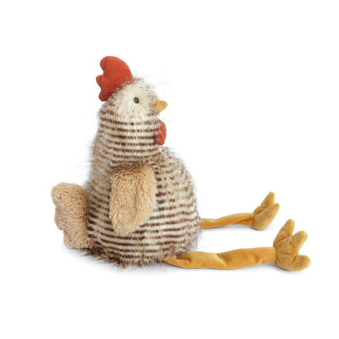 Stuffed chicken with striped body and floppy legs.