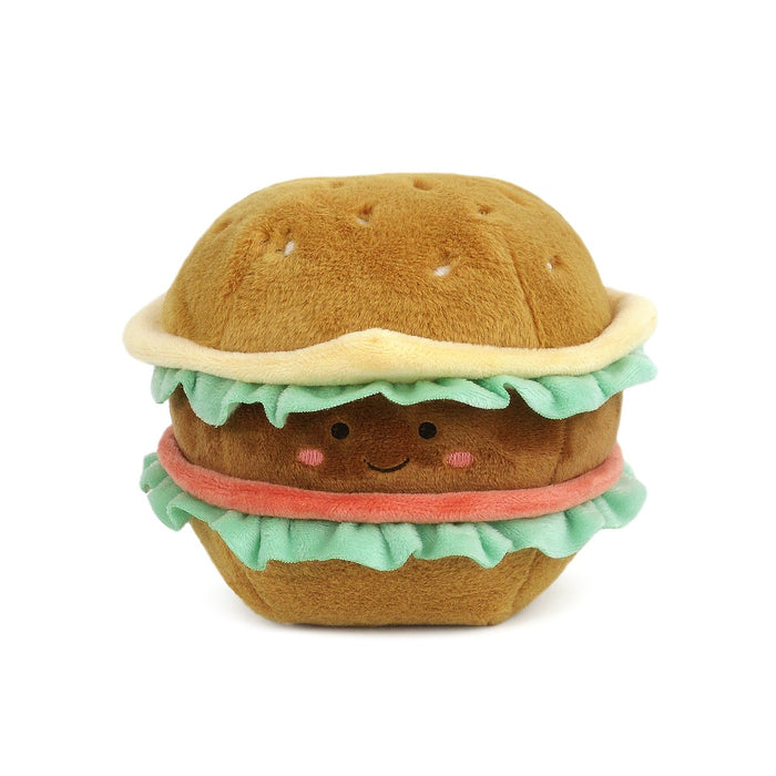 Stuffed burger toy with a happy face, felt lettuce, and sesame seed bun.