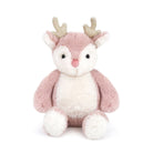 Pink and white stuffed deer with gold antlers.
