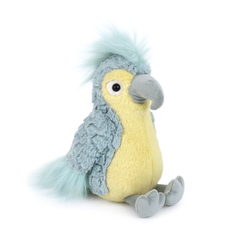 Plush toy parrot, blue and yellow.
