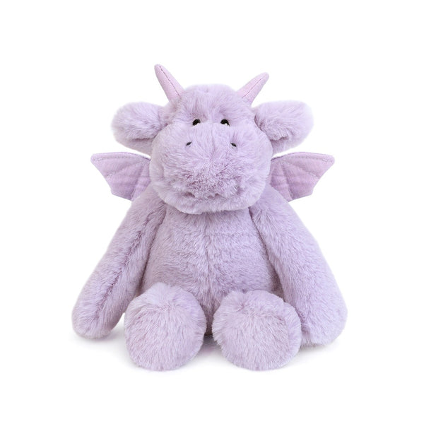 Lavender plush dragon with wings and horns, seated.
