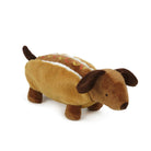 Plush stuffed dachshund in a hot dog costume.