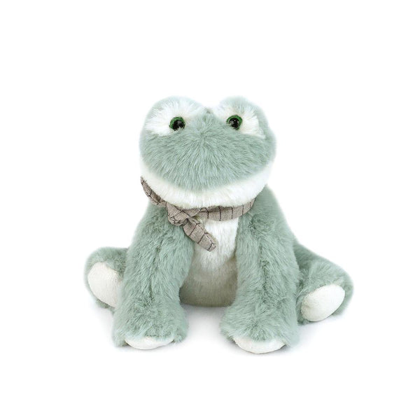 A stuffed green frog with a gray scarf is sitting down.