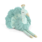 Plush toy swan with teal feathers on a white background
