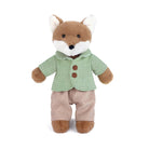 Stuffed toy fox wearing a green jacket and brown pants on a white background