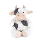 Plush cow toy with black spots on a white background