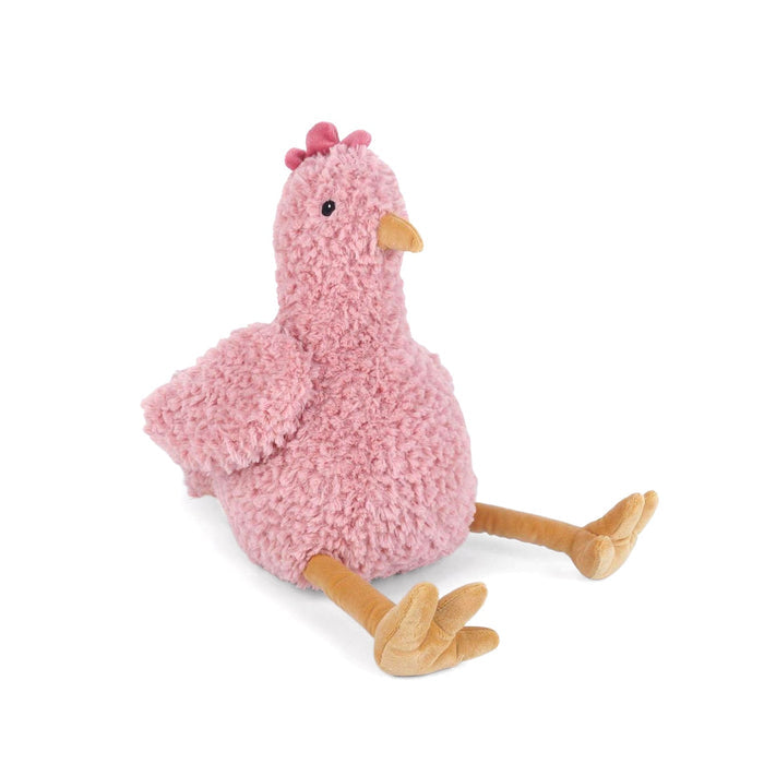 Pink plush toy chicken on a white background