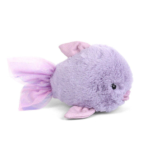 Plush toy fish with a purple body and pink fins on a white background