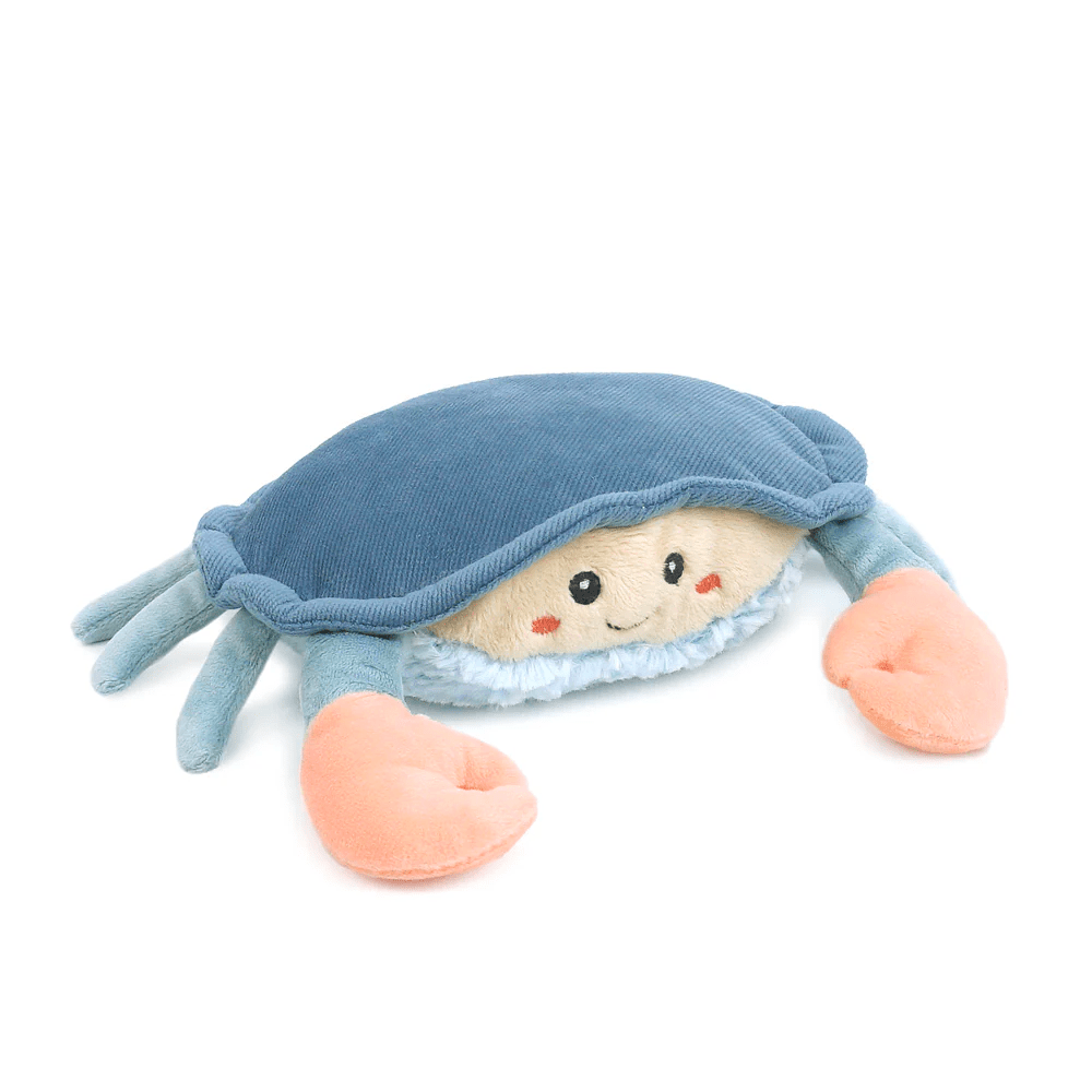 Plush toy resembling a crab with a blue shell on a white background