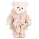 Plush teddy bear in a beige robe on a white background