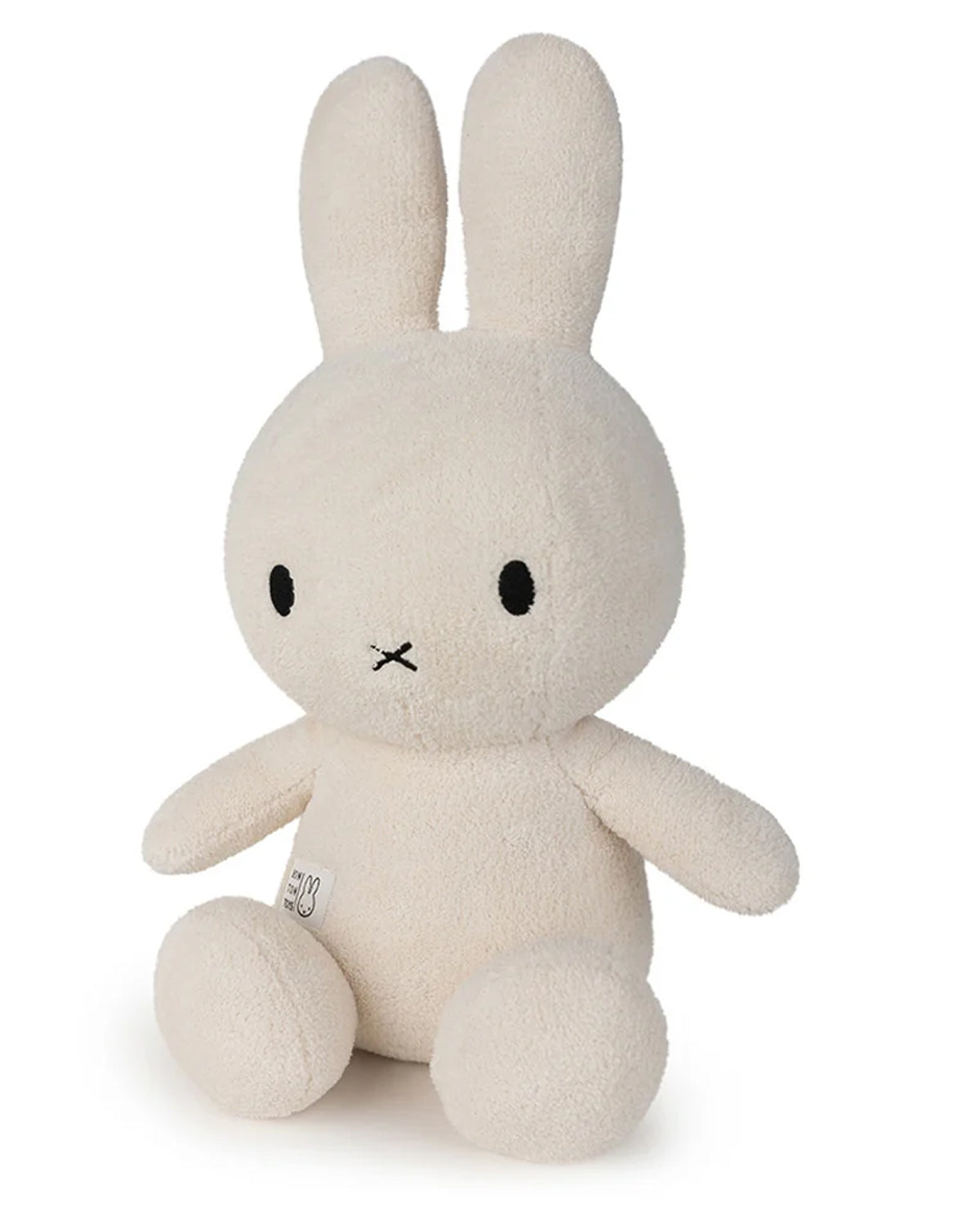 White plush bunny toy with a visible brand logo on a white background