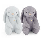 Two plush bunny toys on a white background, one in very light icy blue and one in medium gray, both with pale beige noses and small gold heart-shaped buttons.