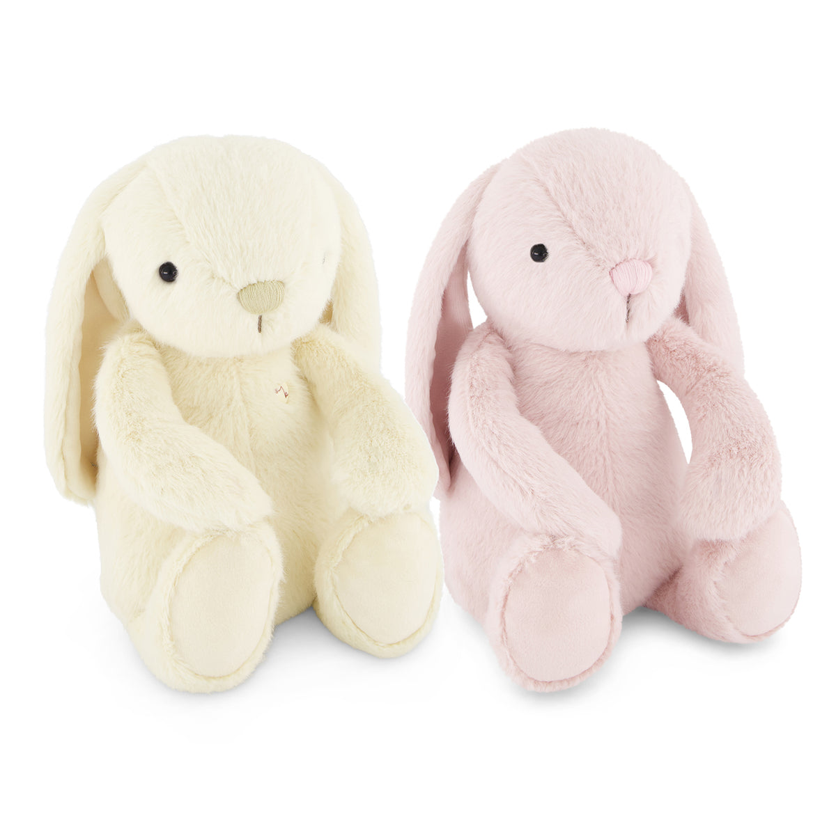 Two plush bunny toys side by side on a white background, one in cream and one in light pink.