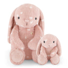 Two pink stuffed bunny rabbits with white hearts.